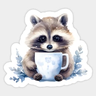 Chubby Raccoon with a cup of coffee winter watercolor Sticker